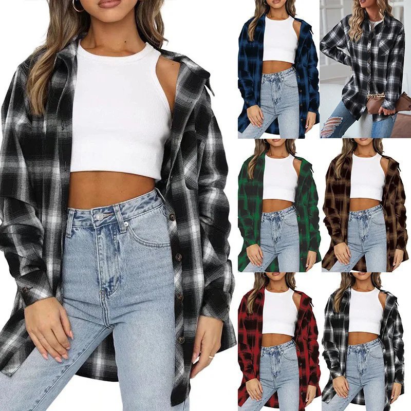 

Women's Fashion Autumn Winter Retro Loose Plaid Shirt Checkered Pattern Elegant Lapel Long Sleeve Blouse