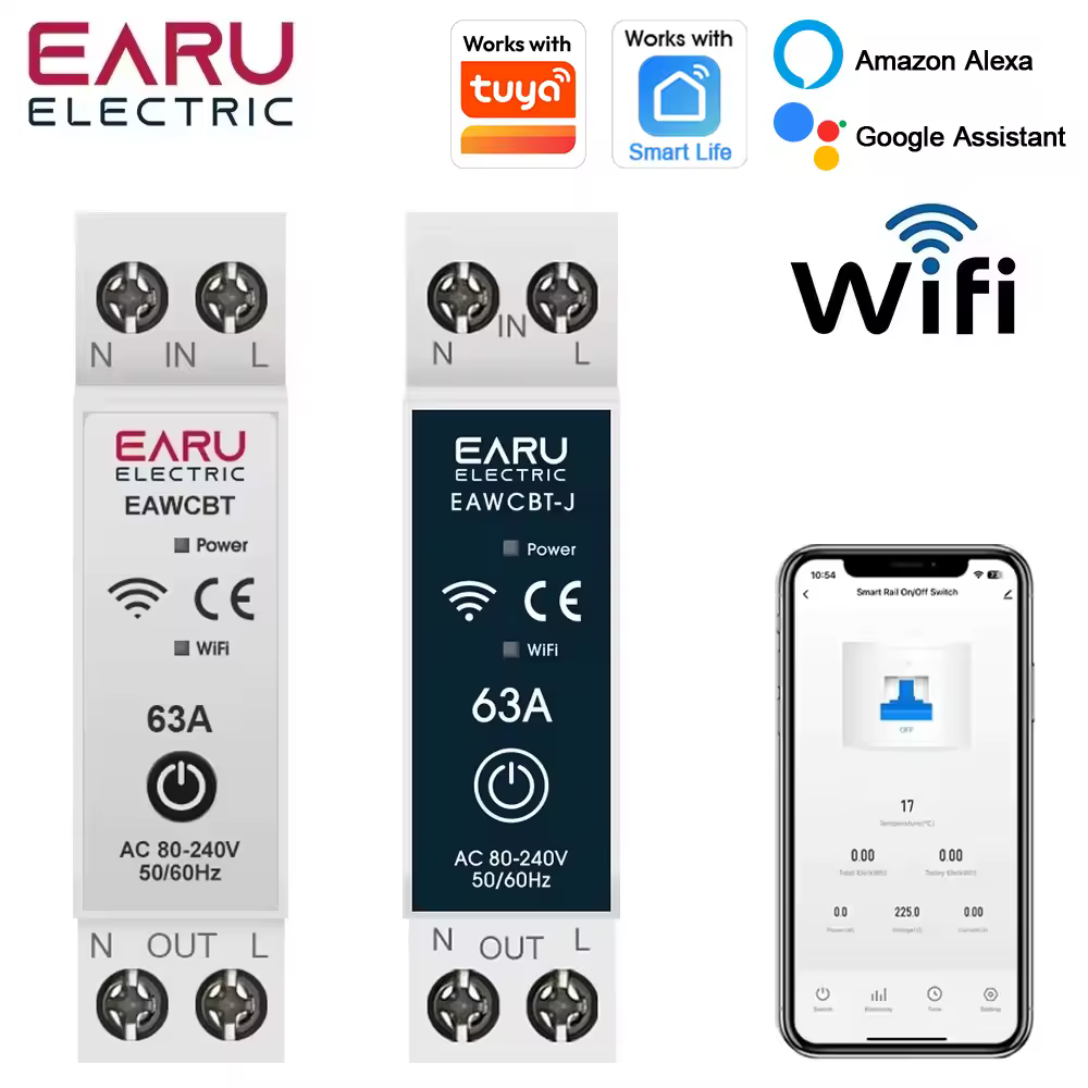 מפסק מעגל חכם Tuya MCB WiFi 1P+N 6-63A עם רלה זמן אנרגיה kWh מתח נוכחי מגן בקרת קול