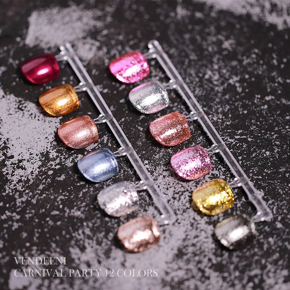 Vendeeni 12 สี/ชุดทองเงินสีแดงที่มีสีสันโลหะผงเจลเล็บ UV LED Glitter ภาพวาดเล็บเล็บ