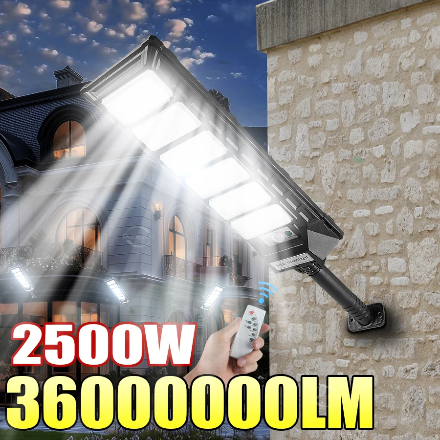 

36000000LM Мощный светодиодный солнечный уличный светильник Супер яркий перезаряжаемый водонепроницаемый датчик Солнечный настенный светильник Терраса Гараж Street Lig