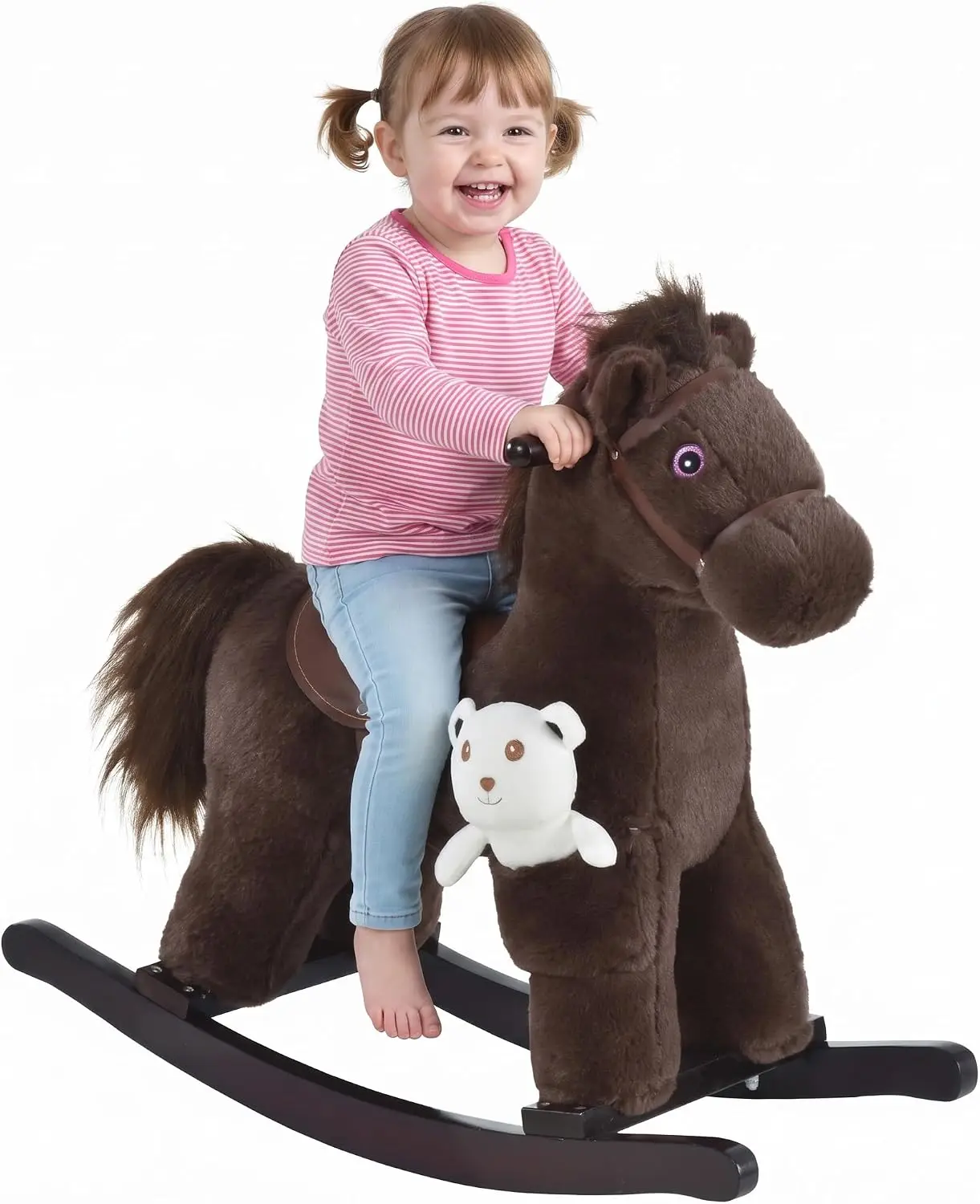 Brown Kids Rocking Horse with Bear Toy, Toddler Ride-On Pony Featuring Fun Realistic Sounds