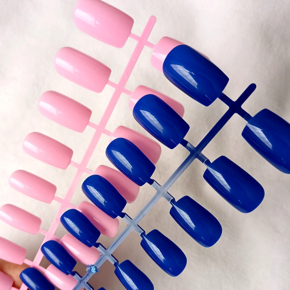 48 pièces brillant bleu Royal presse sur Faux ongles acrylique Faux Ongles bricolage Long carré Faux Ongle couverture complète bout des doigts manucure