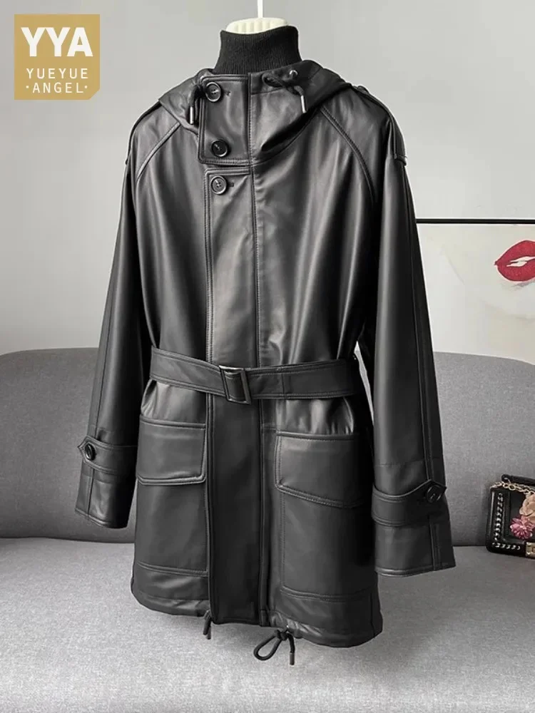 Women Genuine Leather Long Jacket Autumn Zip Stand Collar Hooded Overcoat High Quality Casual Windbreakers Real Sheepskin Coat