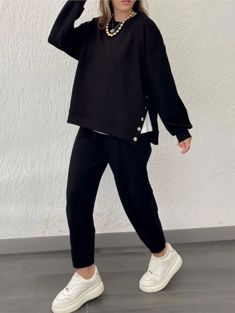 Casual Sporty Style Pants Sets Women Solid Color Buttons Pullover Sweatshirt Trousers Two Piece Set Female 2024 New Sports Suit