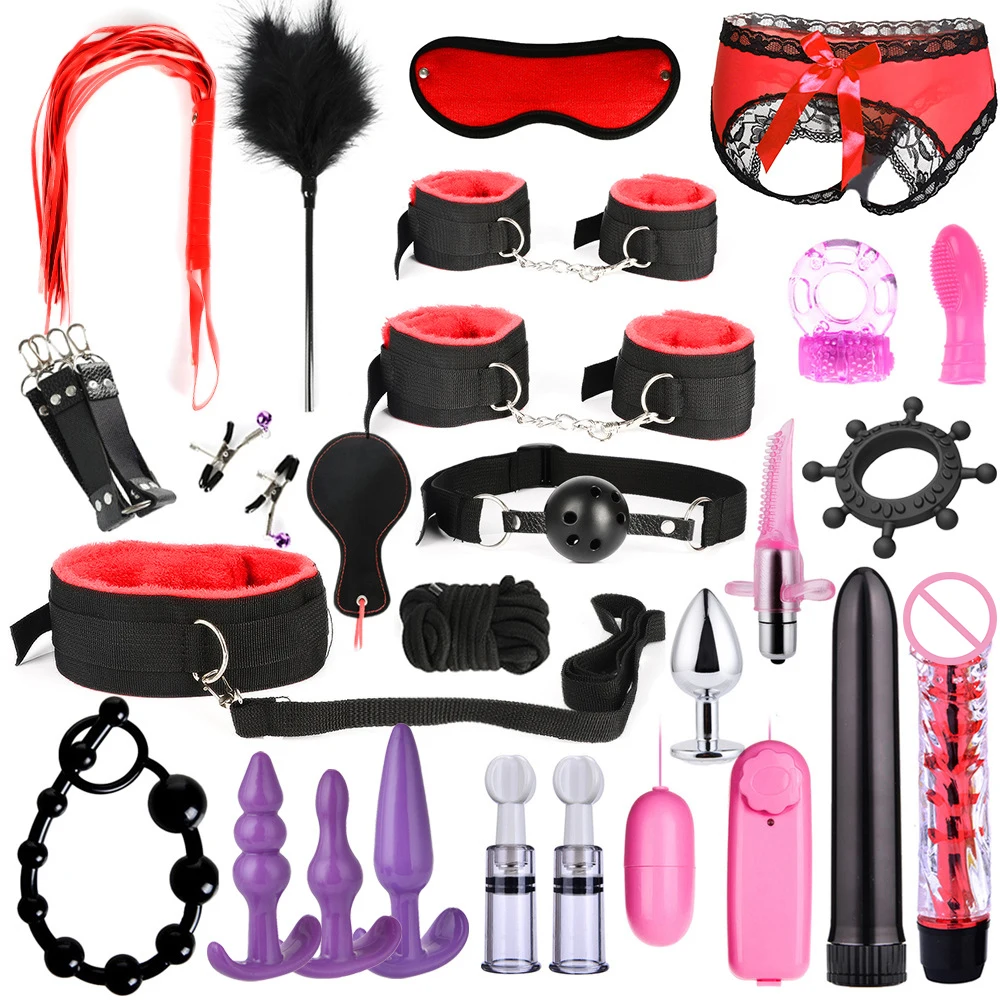 Sextoy-Conjunto de juguetes sexuales Bdsm para hombres y mujeres, Kit de vibrador, esposas para el cuello, látigo para pareja adulta, tapón Anal,