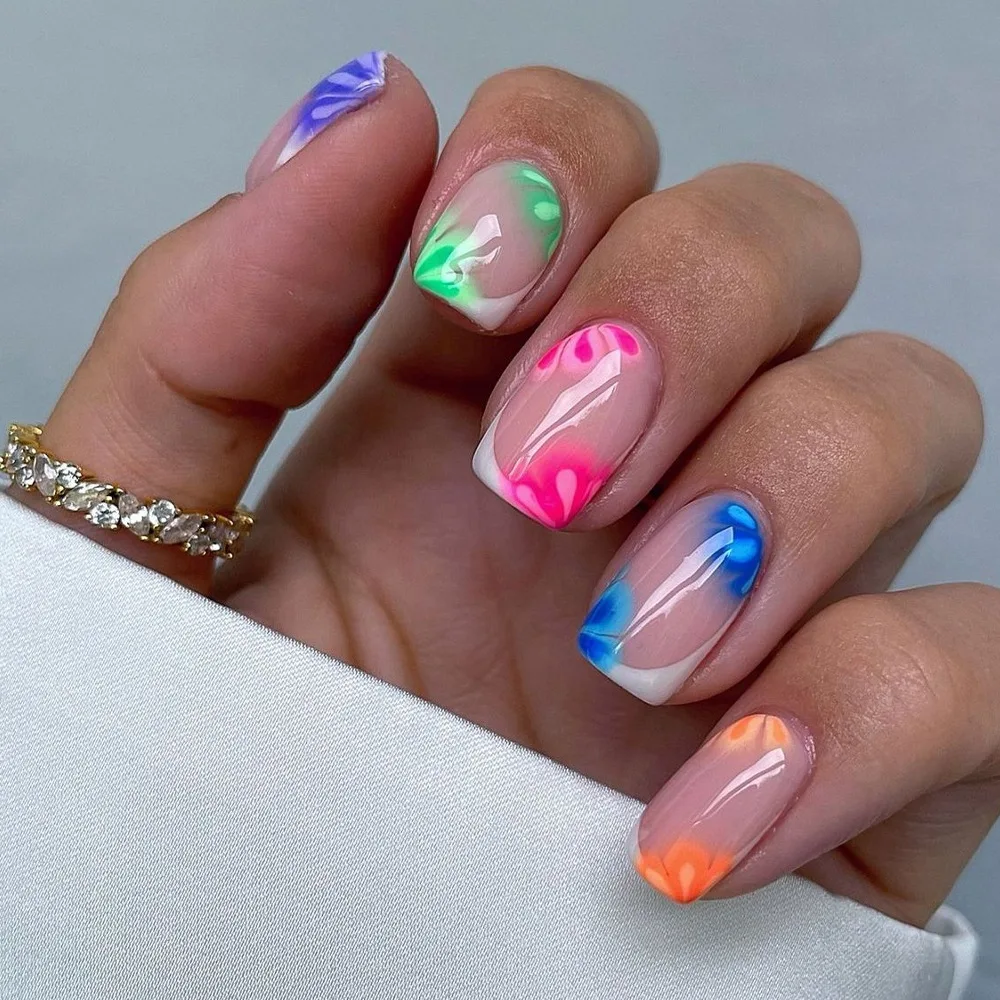 

24Pcs Medium Square Press on Nails - Pink, Green, Blue & Orange Diagonal Gradient Flowers with White Border