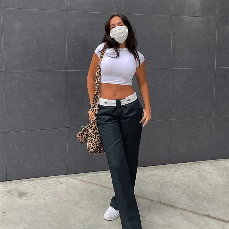 

Fashion Women Casual Low Waist Contrast Printing Trousers with Pockets Solid Color Zipper Slim Cargo Pants Sweatpants Streetwear