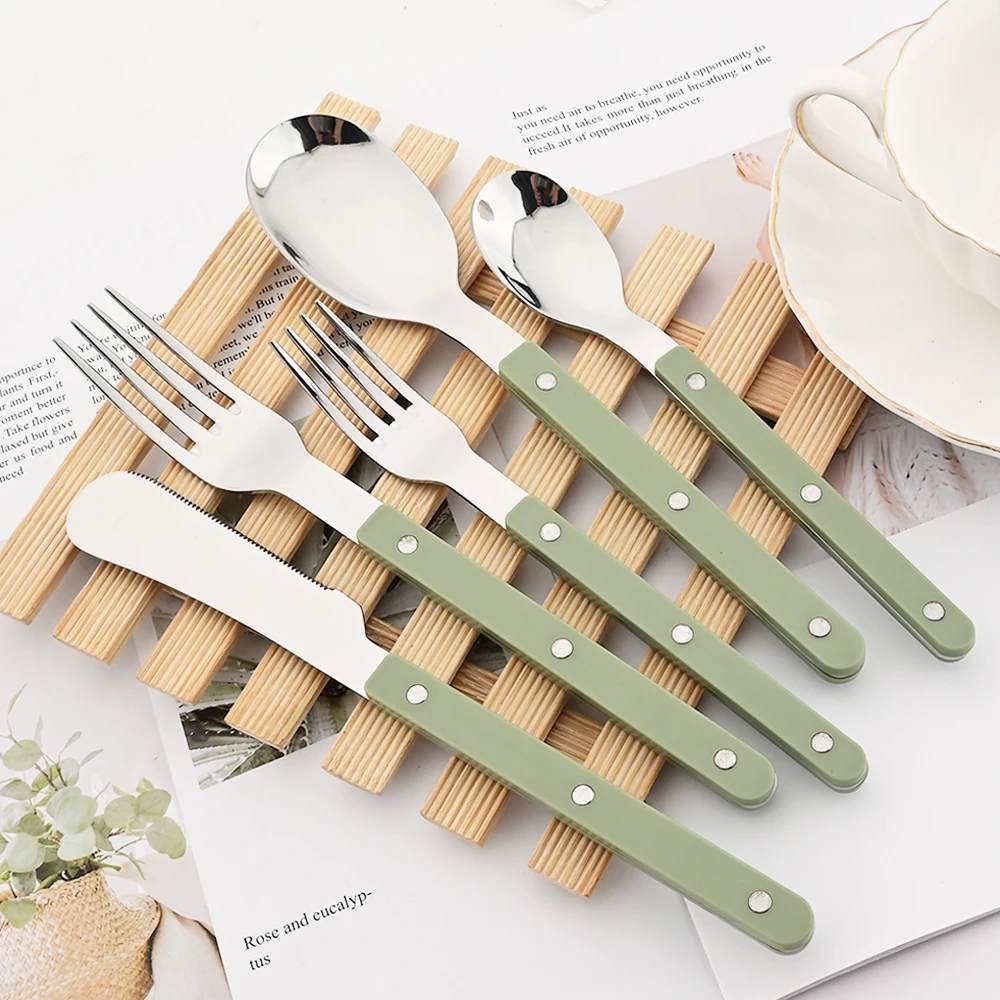 ABS Handle Rivets Decoration Cutlery Set Stainless Steels Dinner Set Green Fork Knife Spoon Western Dinnerware Kitchen Flatware