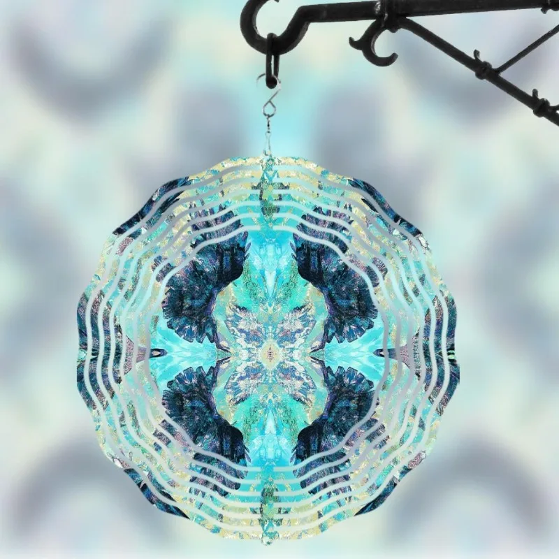 CIFBUY Teal Blue Stained Glass Wind Spinner 360 Rotating Metal Sculpture Garden Patio Outdoor Decor Art