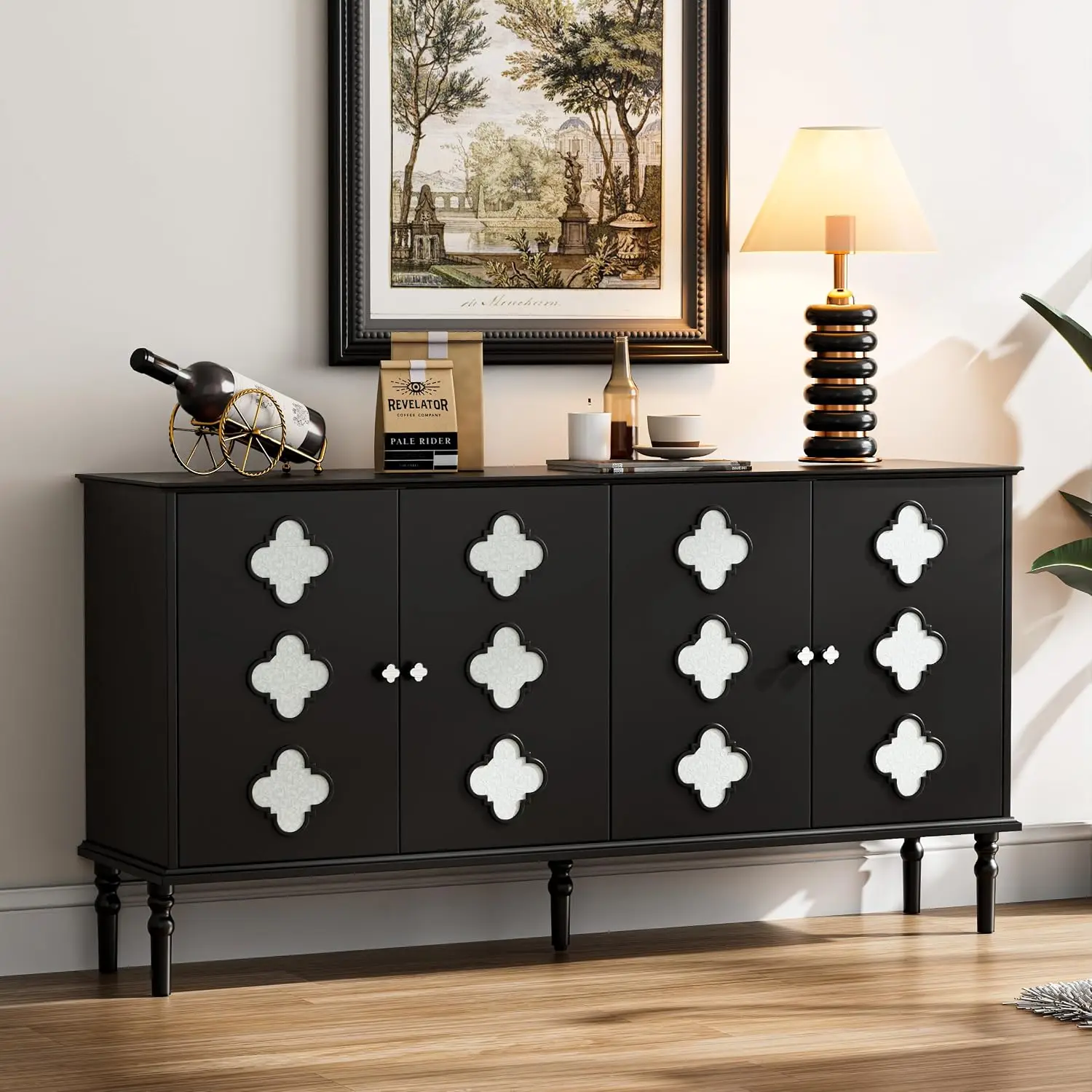 Black Buffet Sideboard Quatrefoil Accents 4-Door Storage Cabinet Kitchen Living Room Matte Black White, Customized