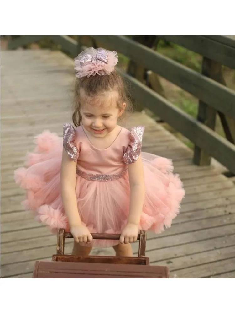 Vestido de princesa de flores para niña, Mini vestido de boda de tul con lentejuelas sin mangas, cuello redondo, hinchado con lazo, vestido de fiesta de cumpleaños para niños