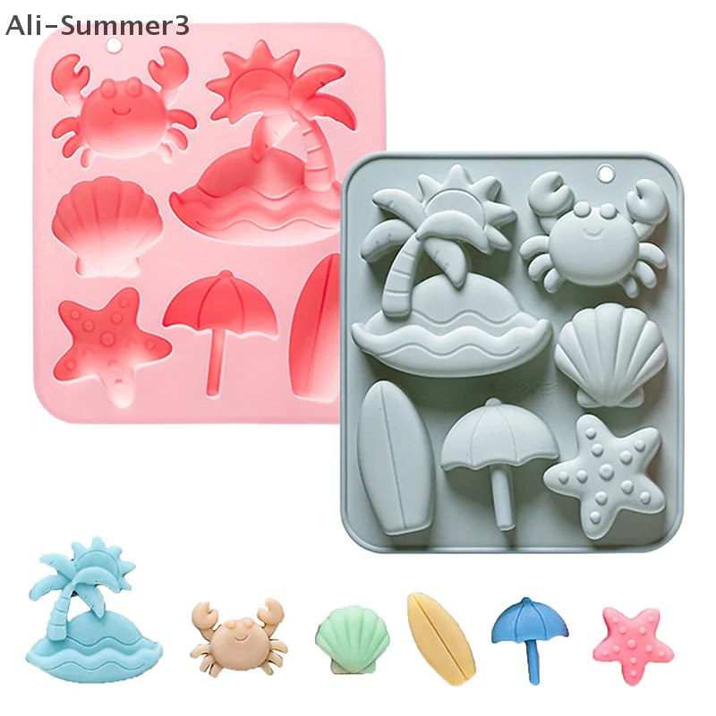 Silikonform mit 6 Mulden, tropischer Strand-Thema, Sommertier, Krabbenmuschel, Fondant, Süßigkeiten, Schokoladenform, DIY-Backzubehör