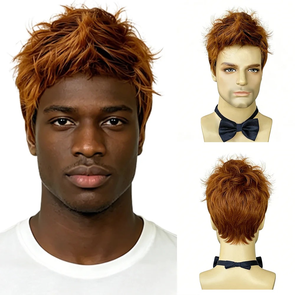Copper Auburn Brown Short Textured Curly Wig For Black Men Natural Fluffy Heat Resistant Synthetic Hair Daily Costume Party Use