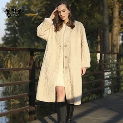 Zimowy Długi Vintage Elegancki Luksusowy Szykowny Gruby Ciepły Miękki Brązowy Skręty Tkactwo Faux Mink Fur Coat Kobiety V Szyja Futrzany Płaszcz