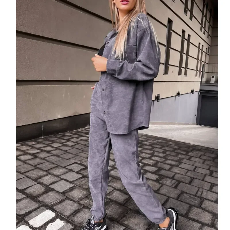 autumn Warm velvet matching sets Women Tracksuit Two Pieces Set Long Sleeve shirts  Blouses Pockets Pencil Pants Casual Slim Fit