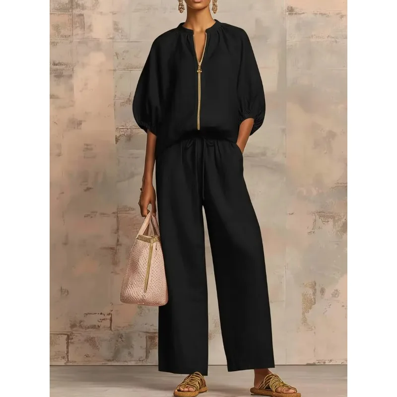 New Summer Casual Pant Sets Solid Zipper Cardigan Top Long Sleeve Elastic Waist Loose Trousers Women Fashion Two Pieces Outfit