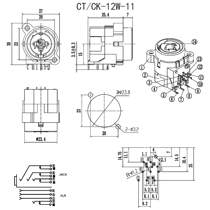 7/10/11pin Dual XLR Jack+6.35mm Female Socket Set XLR Microphone Jack 7pin 10pin 11pin  Seat Audio Socket Panel Mounted Type view 4