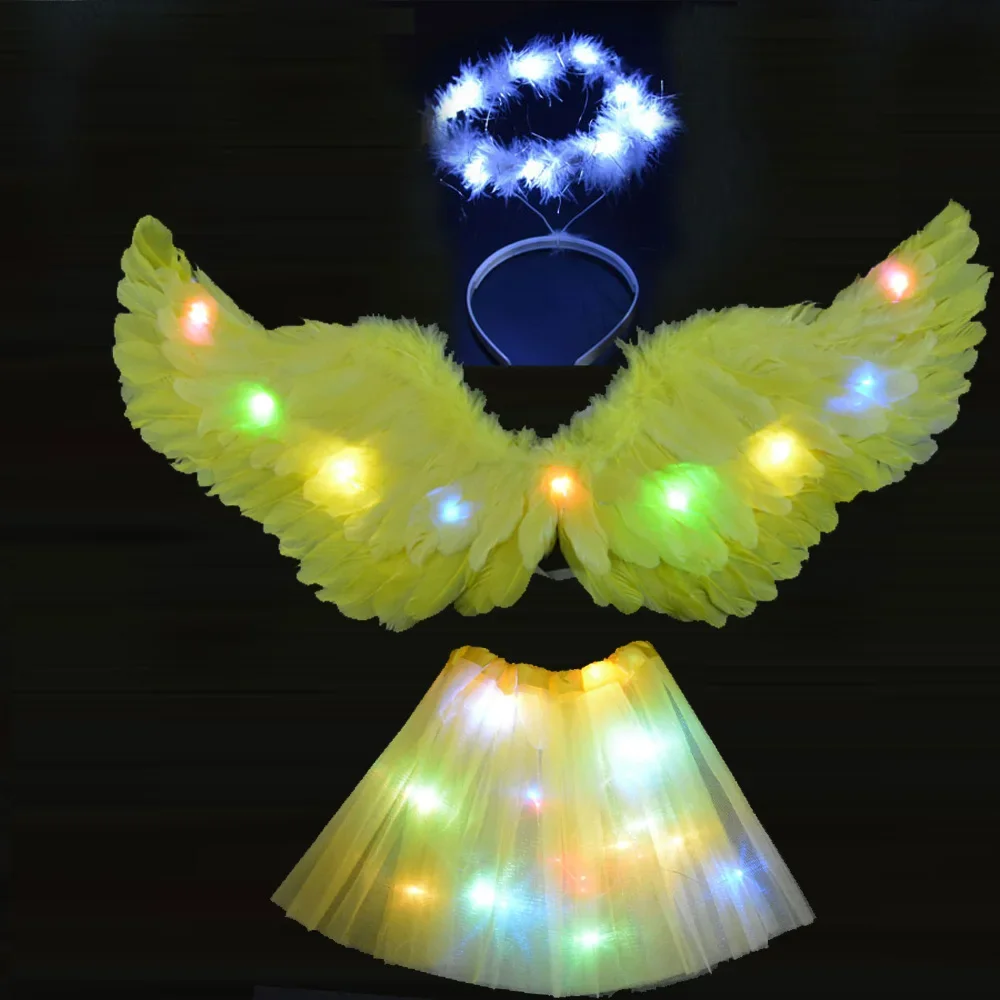 Glow Angel Feather Wing Costume Headband Light Up Tutu LED Skirt Party Birthday Gift  Wedding Decoration  Festival Christmas