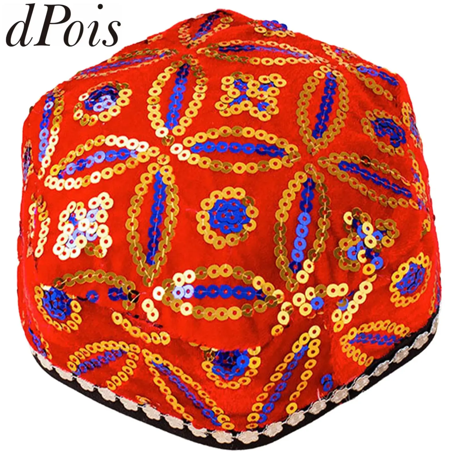 

Traditional Costume Hat Xinjiang Uygur Hats Sequins Exquisite Unique Patterns Cap for Festivals National Stage Performance Caps