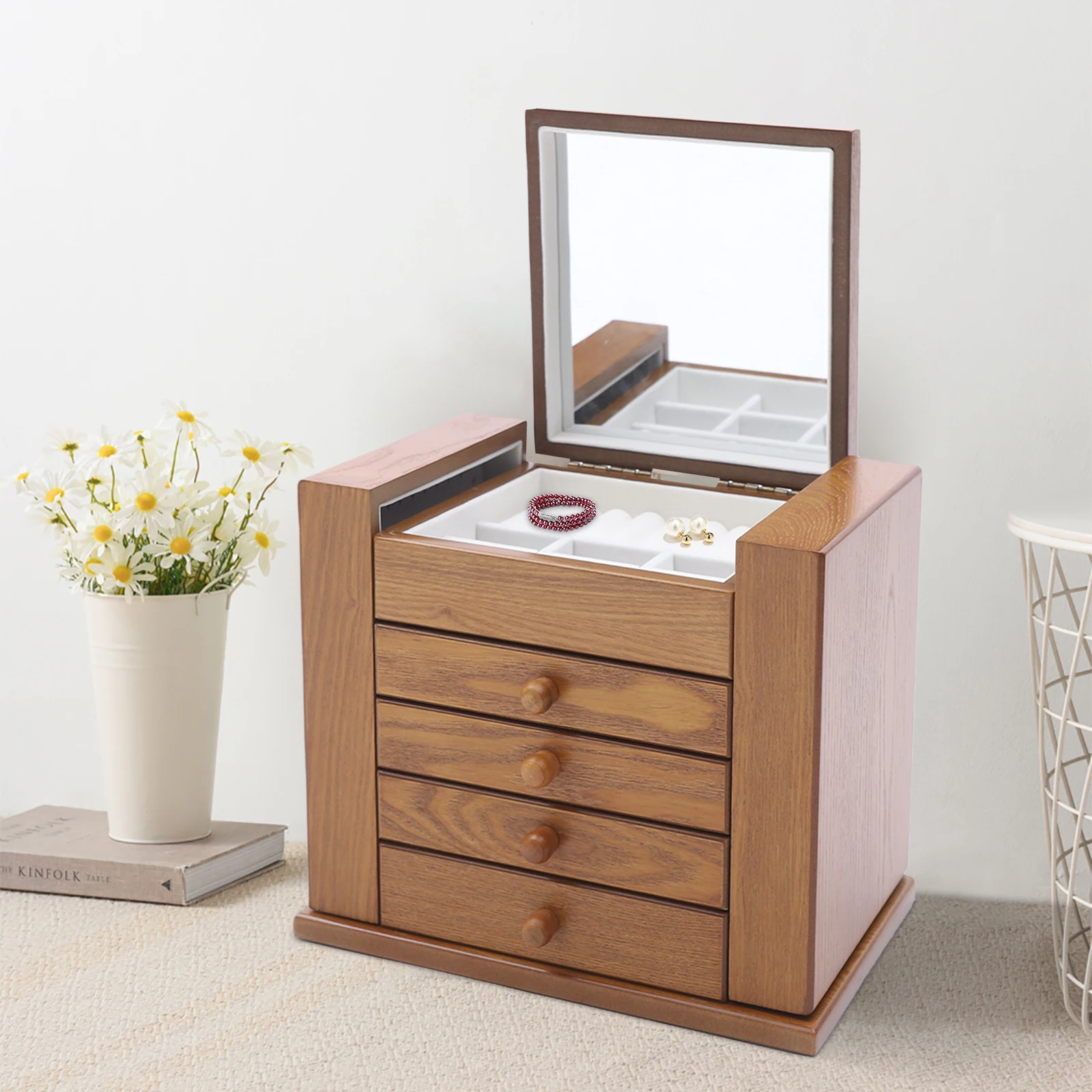 Caixa de joias de 5 camadas com 4 gavetas e 6 ganchos, organizador de 27 slots de grampo de cabelo, caixa de armazenamento de grande capacidade para brincos, colares