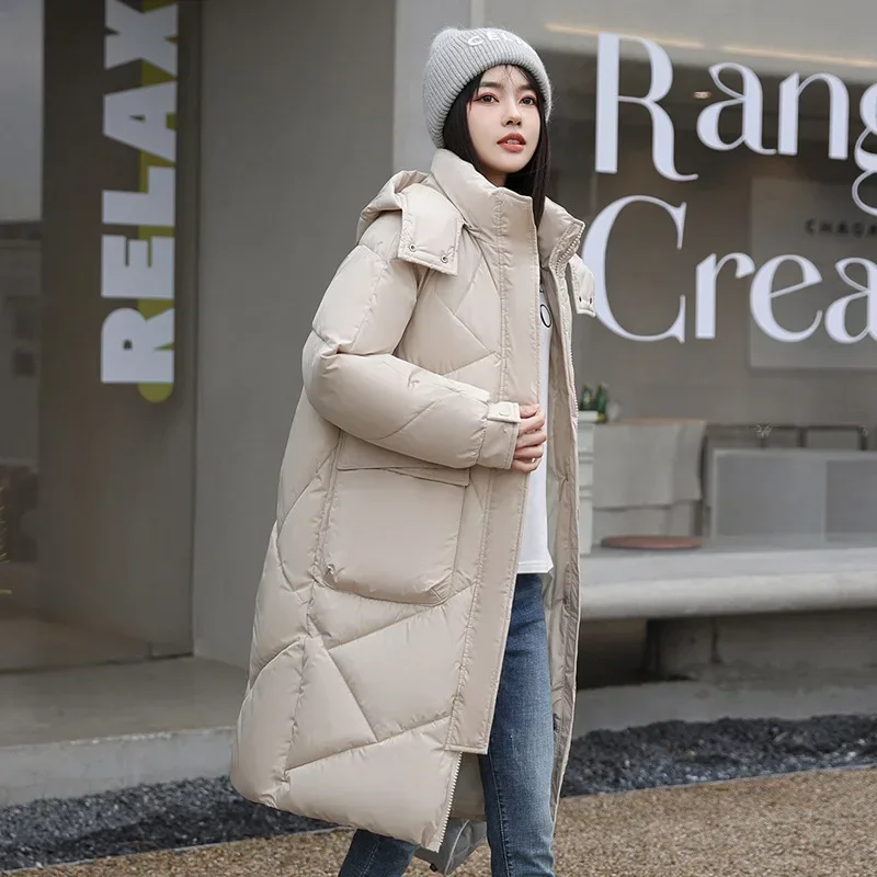 Feminino cor sólida grande bolso com capuz jaquetas casual médio longo parka outono inverno rhombic treliça casaco solto 2024