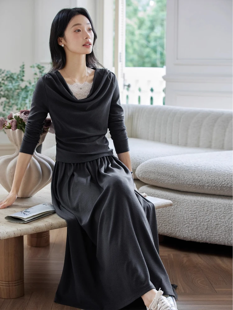 VIMLY Grey Skirts Sets Women's Autumn 2025 Lace Patchwork Swinging Neck Long Sleeve Top A-line Skirt Woman Two-piece Set A1990