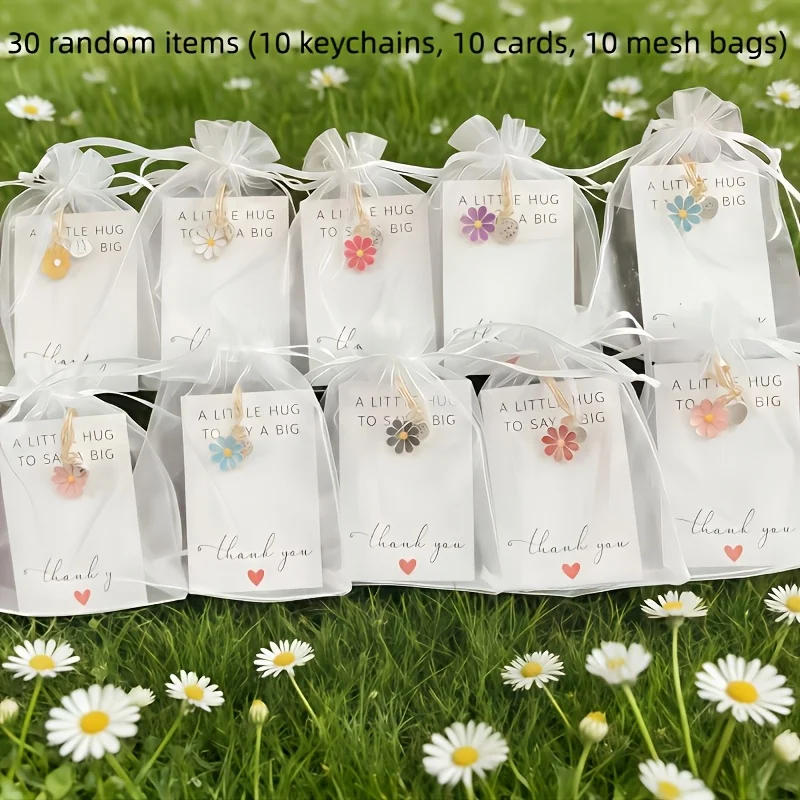 30 pieces of random multi-color Spring Daisy Thank You keychain set - includes 10 keychains/10 pieces of cardboard/10 pieces of mesh bag - Soft floral hanging decoration for men and women, lobster buckle zinc alloy chain bag key decoration