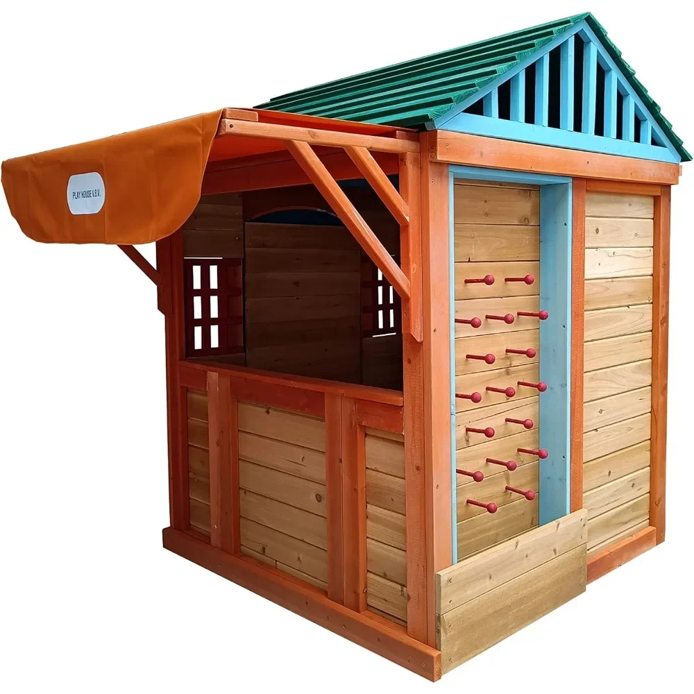 Outdoor Playhouse for Age 3-8 Years Boy Girl, Wooden Cottage Playhouse with 4 Game Awning Window, Ball Wall & Tetris