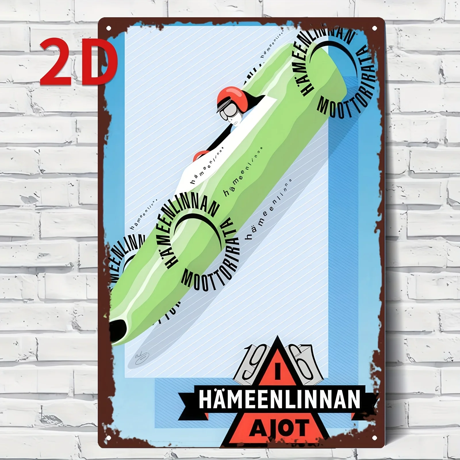 Vintage Racing Aluminum Plaque - Hameenlinnan , Retro Green & White Car Design with Red Helmet Driver, Weather-Resistant Metal