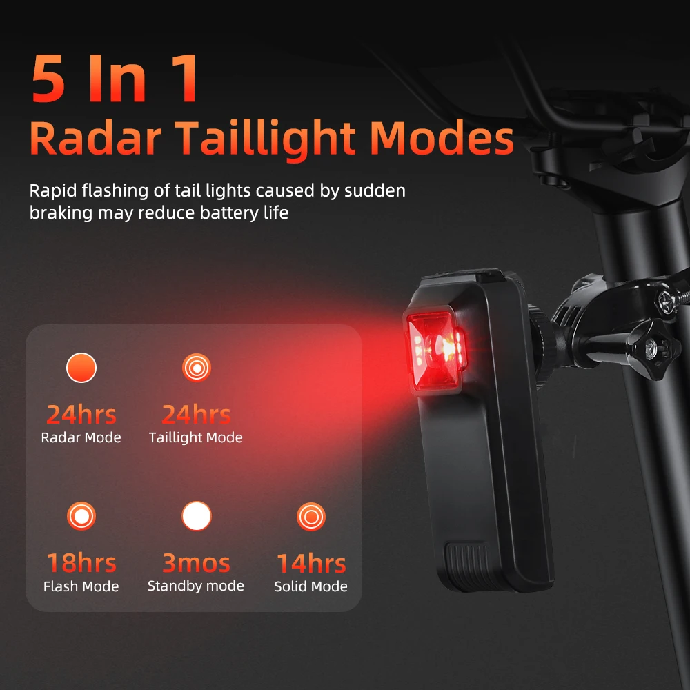 Imagem -03 - Wsdcam-bicicleta Retrovisor Radar Luz Traseira Modos Lâmpada Traseira Blind Spot Monitor Impermeável Inteligente Luz Traseira da Bicicleta