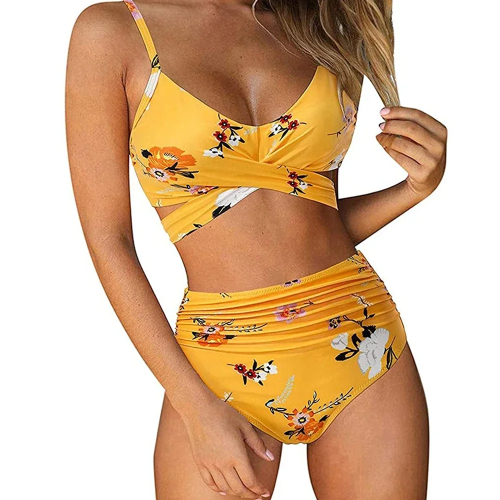 Heiße 12 Farben Frauen Slim Bikini Sets Hohe Taille Sexy Bademode 2 Stück 2025 Solide/Blumen Geraffte Brasilianische Badeanzug Kreuz vorne