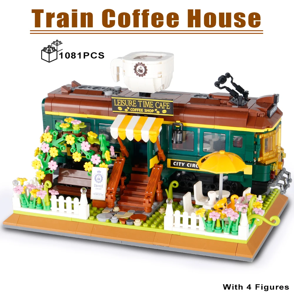 

Train Coffee House Building Blocks City Street View City Circle Cafe Corner MOC Assemble Bricks Toys Gifts For Kids Children