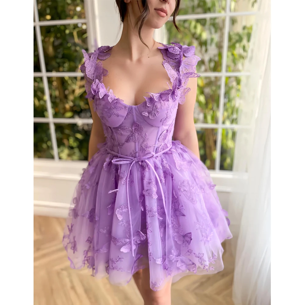 

Sexy Purple 3D Butterfly Appliques Homecoming Dress Spaghetti strap Lace Mini Dress Short Evening Party Dress A-line