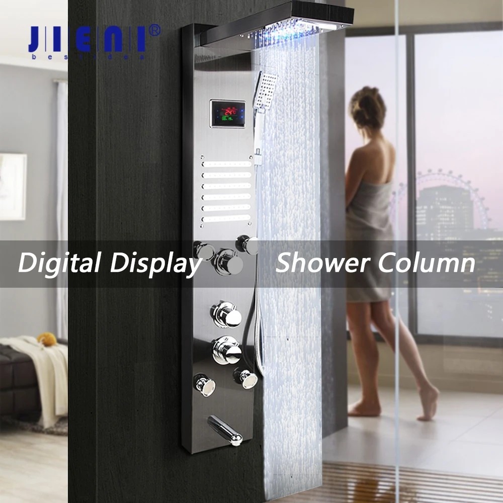 JIENI Black Digital Display Bathroom Wall Mounted Column Nickel Brushed Hand Shower Tub Massage Spa Jets Bath LED Panel Faucet