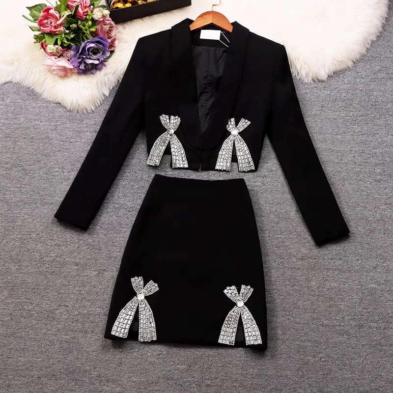 Heavyweight  Knot Short Coat Skirt Set Sweet Personality Plaid Two Piece Set Fashionable Spring Collection Polyester