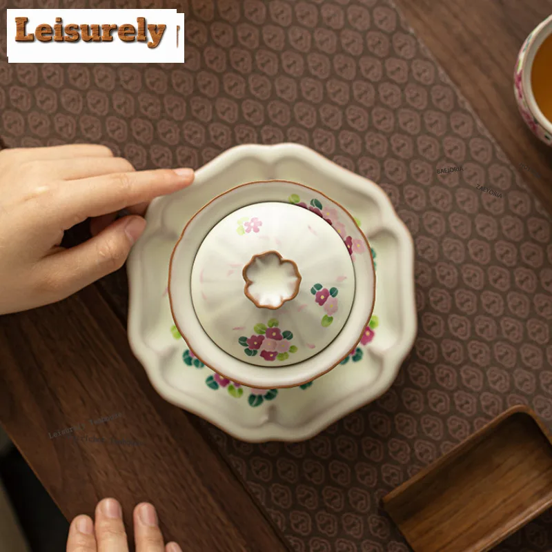 HOYIHM 160ml Imitating Song Ru Kiln Gaiwan Vintage Small Flower Panda Sopera Tea Tureen Tea Making Cover Bowl Gong Fu Teaware