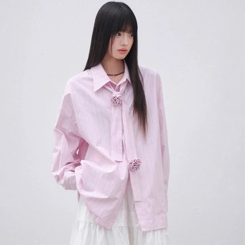 

Pink Striped Casual Shirt Women Fall Long Sleeve 3D Rose Tie Patchwork Blouse Loose Fashion Korean Office Lady Button New Tops