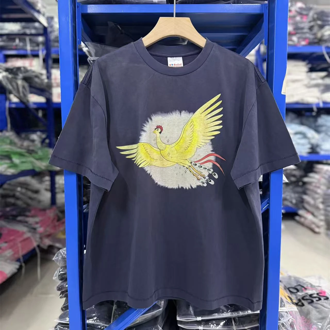 Washed Blue SAINT Phoenix with wings spreading pattern T Shirt Men Women High Quality Tee Tops T-Shirt