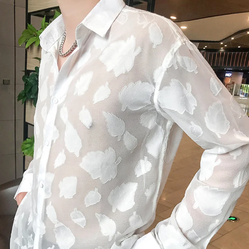 Out Hollowed Flower Shirt Men 2022 Korean Fashion Long Sleeve Lace Leaf Sexy Shirt Transparent Top Vestido Social Designer Shirt