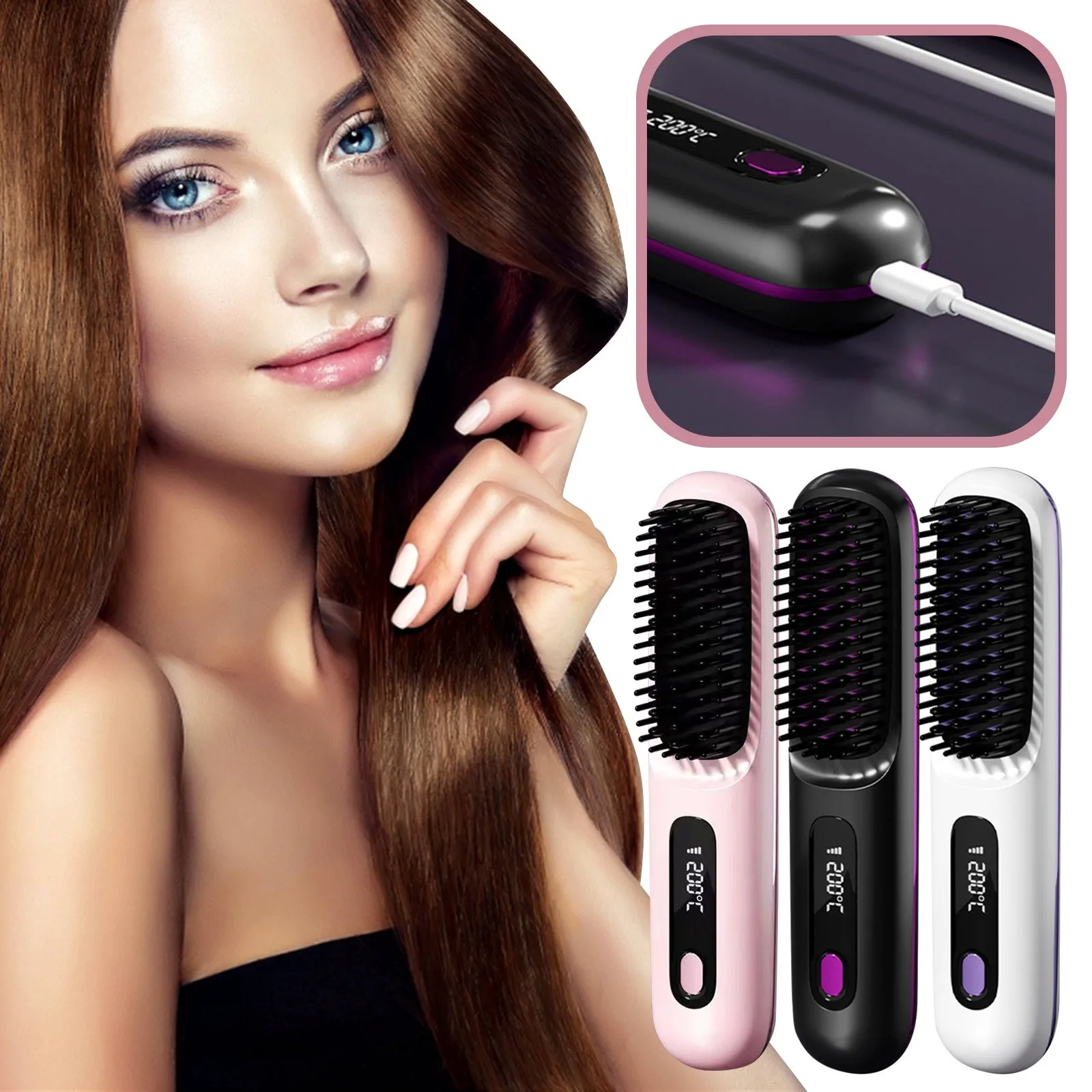 Portable Straightening Brush,LCD Straightener Rechargeable And Cordless Straightening Brush Comb Lightweight Straight Hair Comb