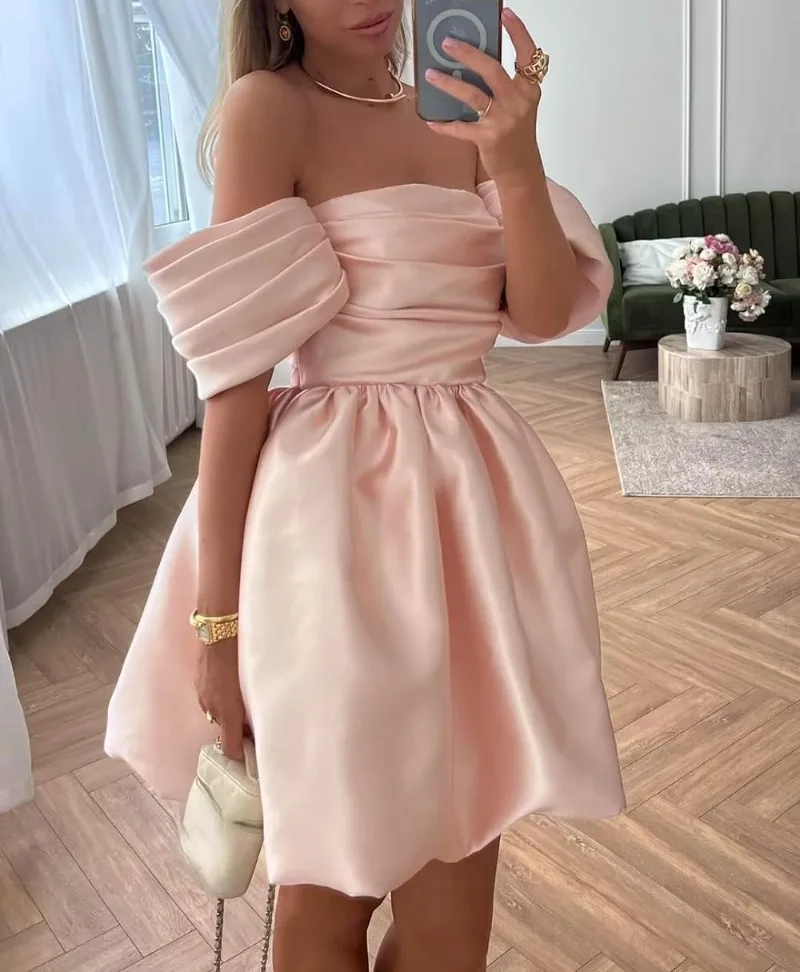 

Puffy Sleeve Short Prom Dresses Ruched Satin Off Shoulder Homecoming Dresses Tight A Line Evening Party Gown Vestidos Noche