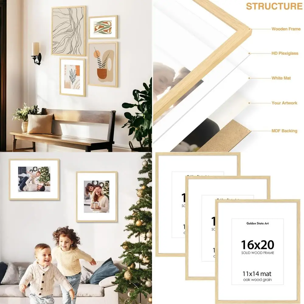 

Set of 3 Solid Wood 16x20 Picture Frames with Oak Finish, Matted for 11x14 Photos, HD Plexiglass Cover, Wall Art Display