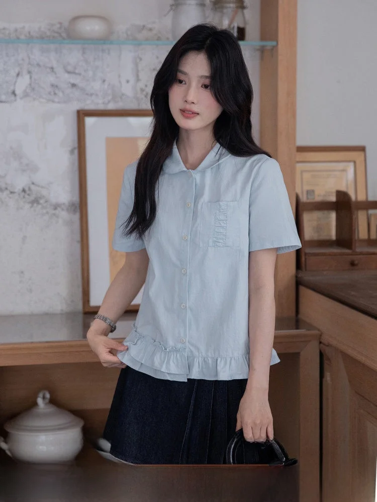 

Blue adow Ripple ort Sve irt Women's Summer Simple Splice Lace Collar Busin Casual Cotton Blend Loose Fit Top