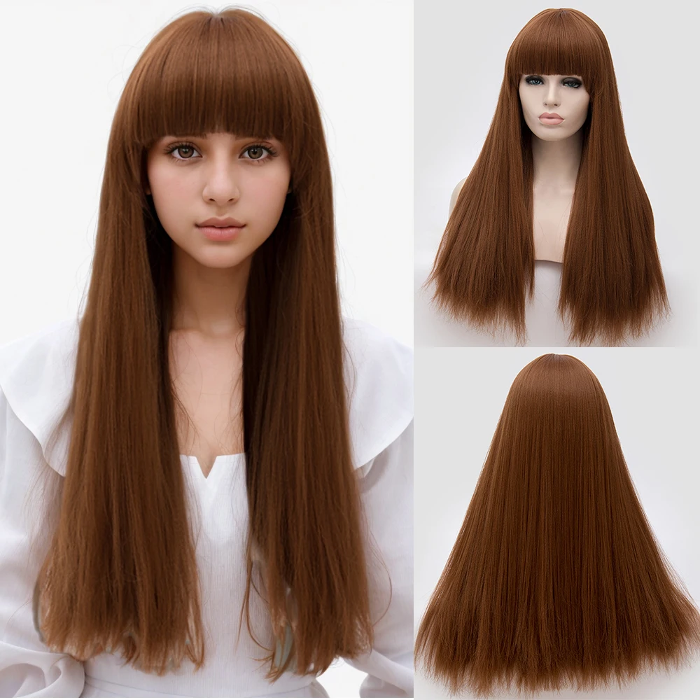 

Synthetic Wigs Long Brown Straight Wigs with Bangs For Women Daily Wear Wig High Temperature Fiber