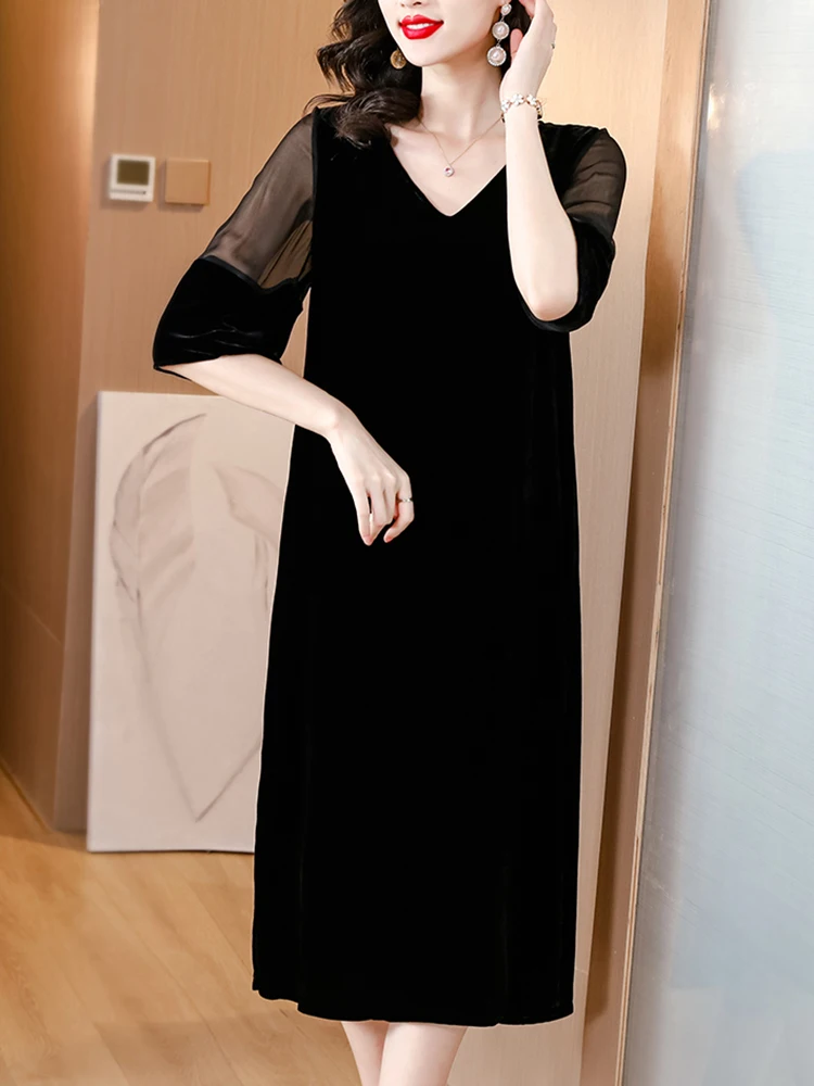 

2024 Black Velvet Chic Hollow Short Sleeve V-Neck Midi Dress Women Korean Vintage Hepburn Dress Autumn Winter Elegant Prom Dress