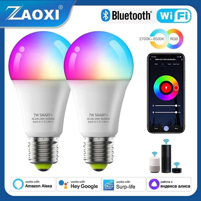 

ZAOXI Wif+Ble+2.4G E27 Smart Light Bulb 7W RGB Dimming Home Indoor Lighting LED Lamp Alexa Google Voice Assistant Control