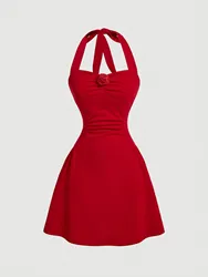 Red Bow Halter Dress Female New Autumn Spice Girl Pleated Fashion Waist Show Thin Short Skirt Trend