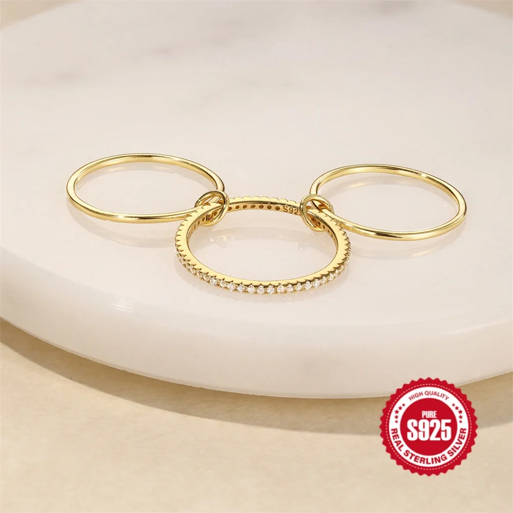 ROXI 925 Sterling Silver Smooth/Zircon Chain Three Piece Rings Set For Women 17.5mm 3pcs Personalized Design Ring Party Jewelry #4