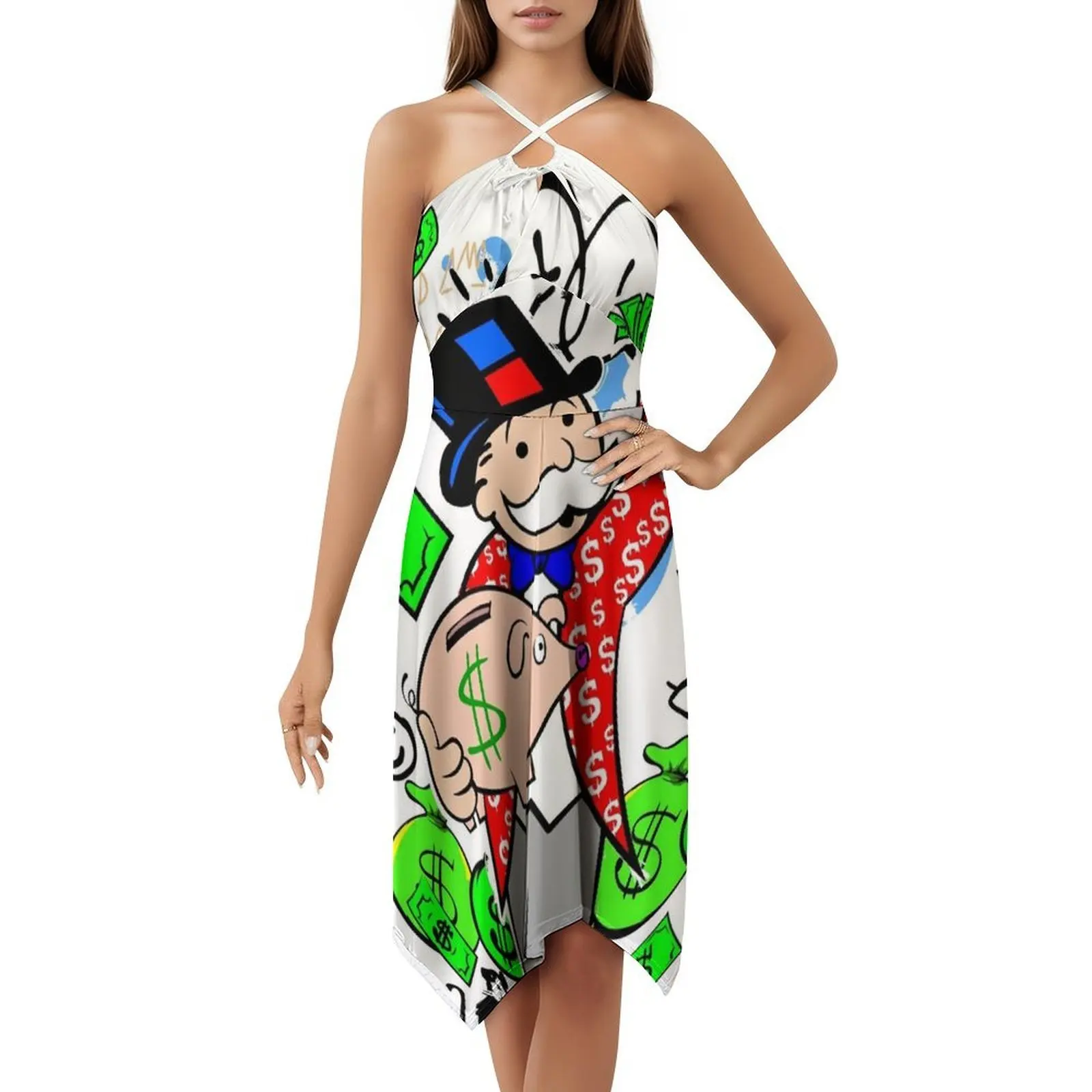فستان حفلات أنيق للسيدات من Holding Piggy Bank فستان على شكل حرف a مع خيارات قصيرة/طويلة/بدون أكمام للرجال موضوع أموال الدولار سعيد #5