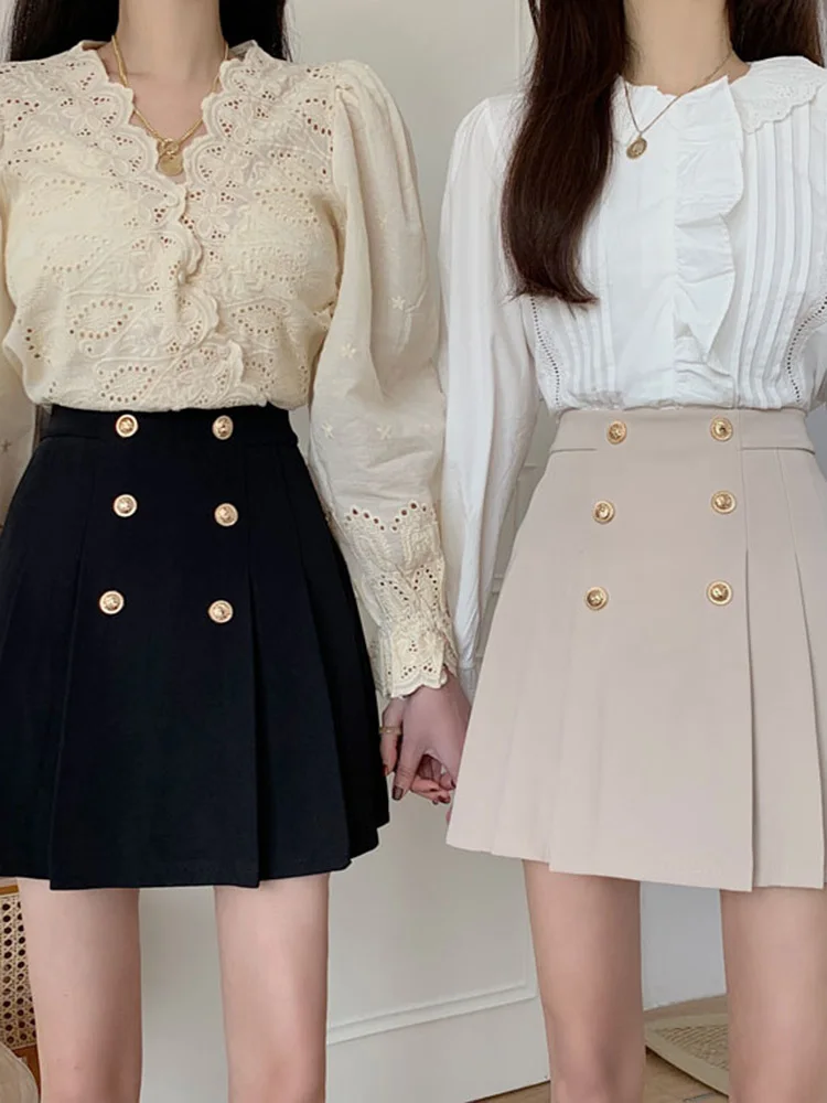 Chic Japan Girls Korea Style Cute Sweet Women Formal High Waist A LineDouble-Breasted Pleated Mini Short Skirts